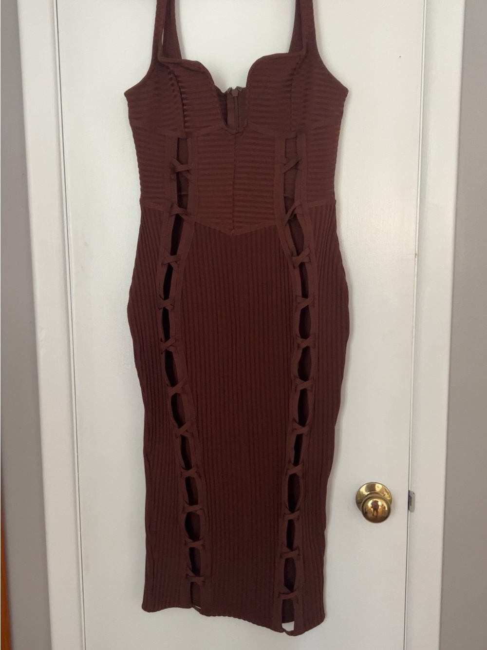 Fashion Nova Chocolate Brown Ribbed Cutout Midi Dress